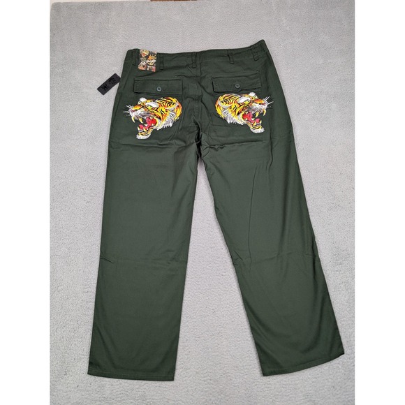 Ed Hardy Utility Pants Mens 42x32 Green Chino Tiger Graphic Tattoo Logo Bold New